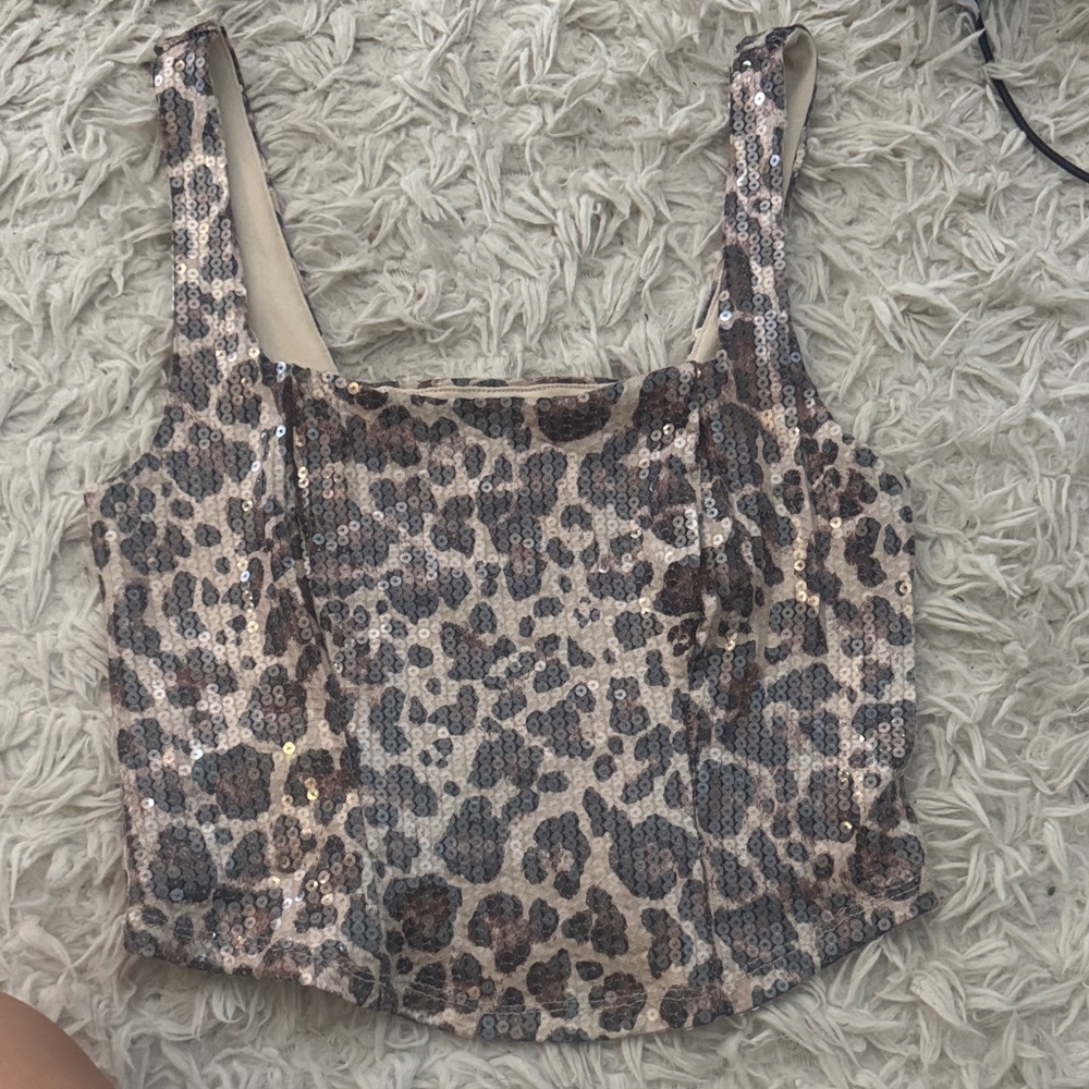 Sequin Leopard Print Crop Tank Top - Beige Taupe